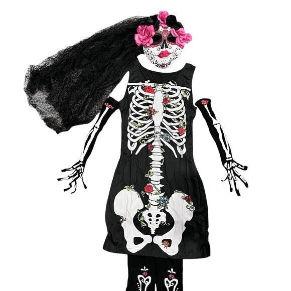 Skeleton Dress Mask Leggings Arm Sleeves Día de los Muertos 6 Piece Costume SM - Picture 2 of 7